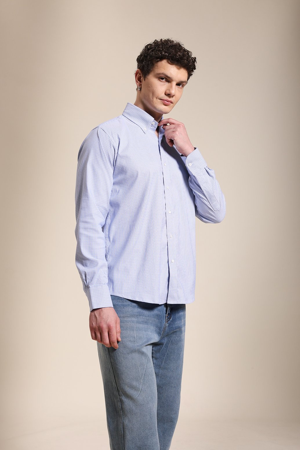 Regular Fitted Blue Check Shirt With Embroidery