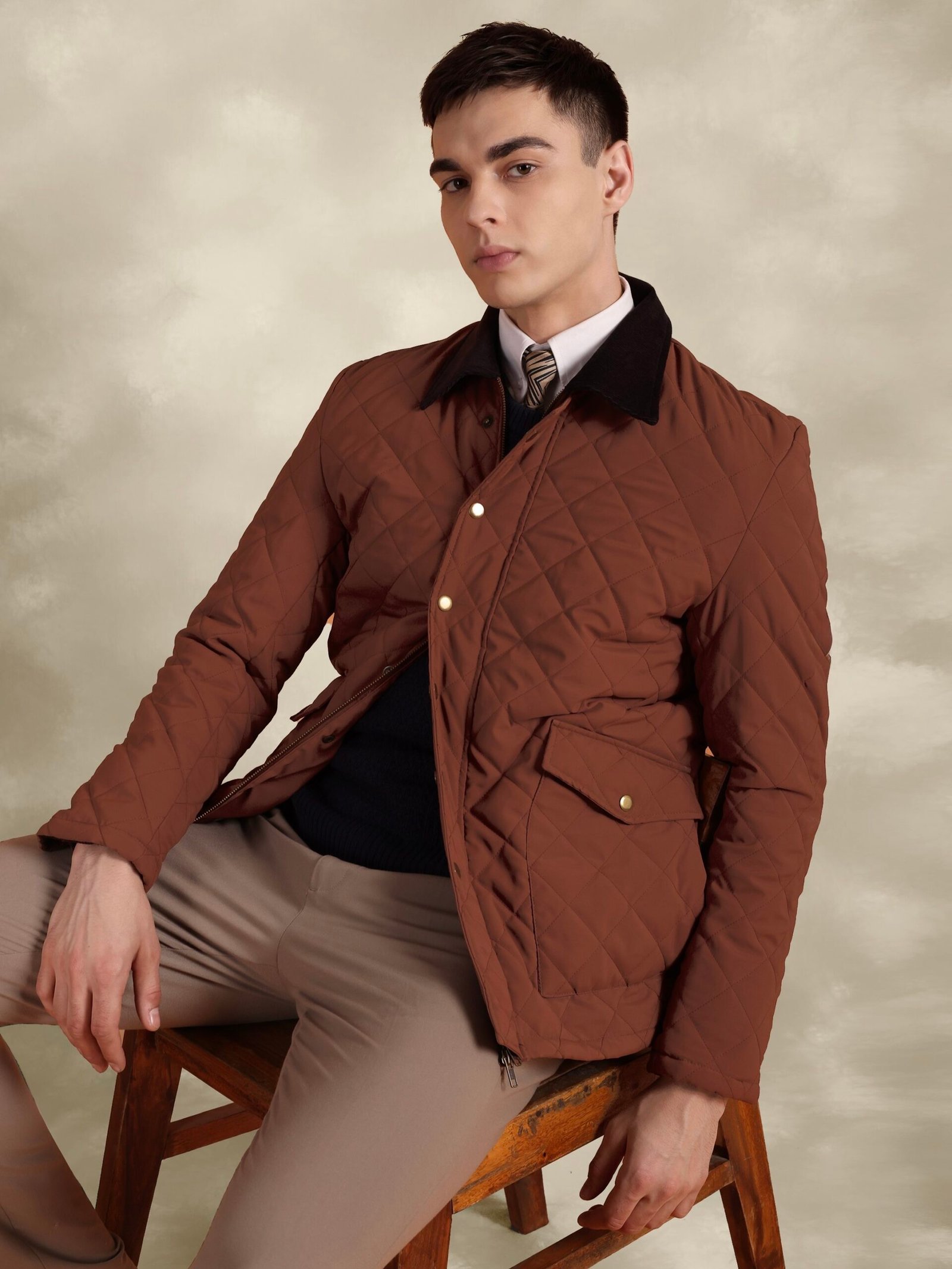 Tagore Jacket- Safari Rust Slim Fit Quilted Jacket With Couduroy Collars