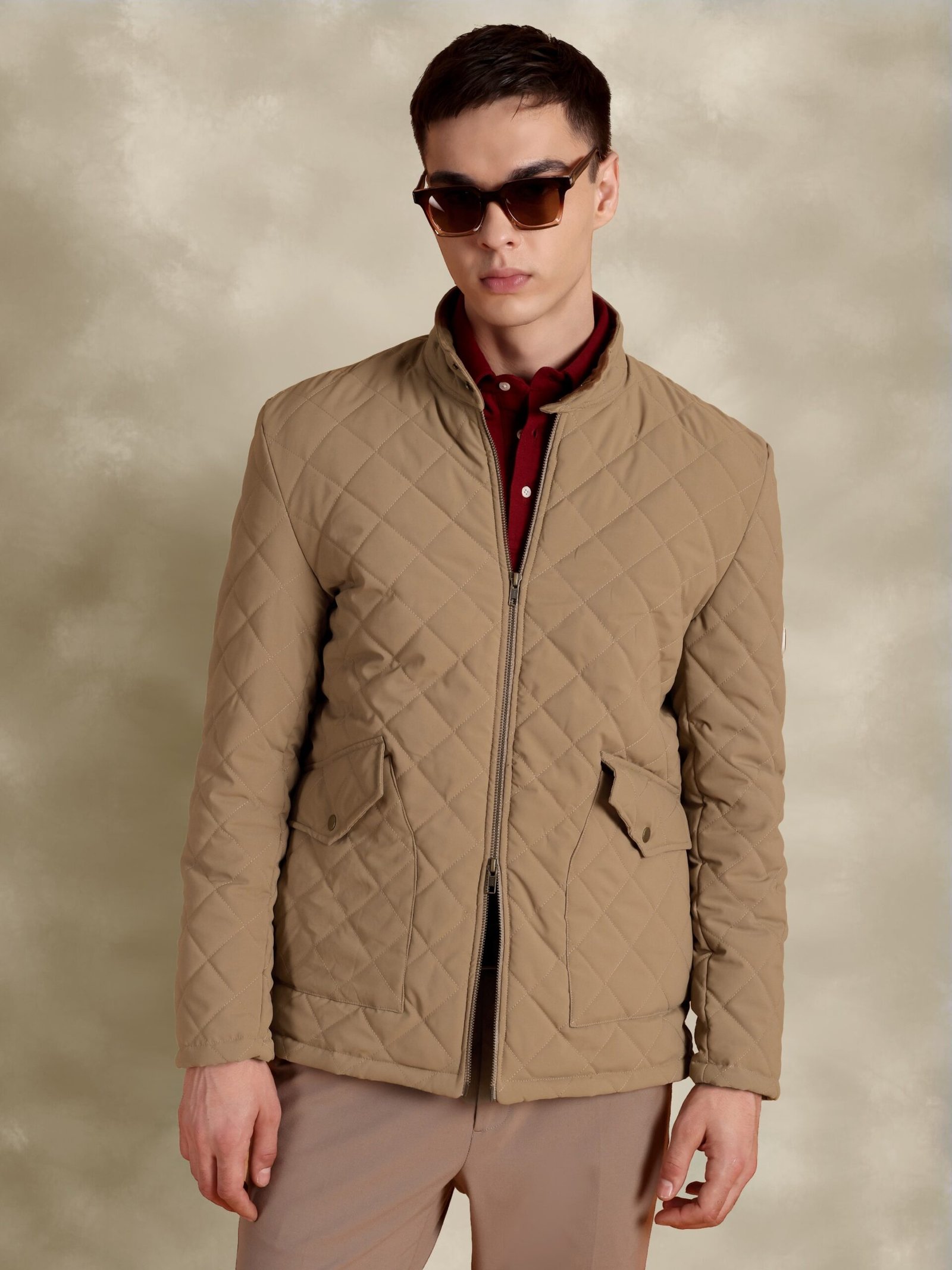 Tagore Jacket- Beige Slim Fit Quilted Jacket With Sued Collars
