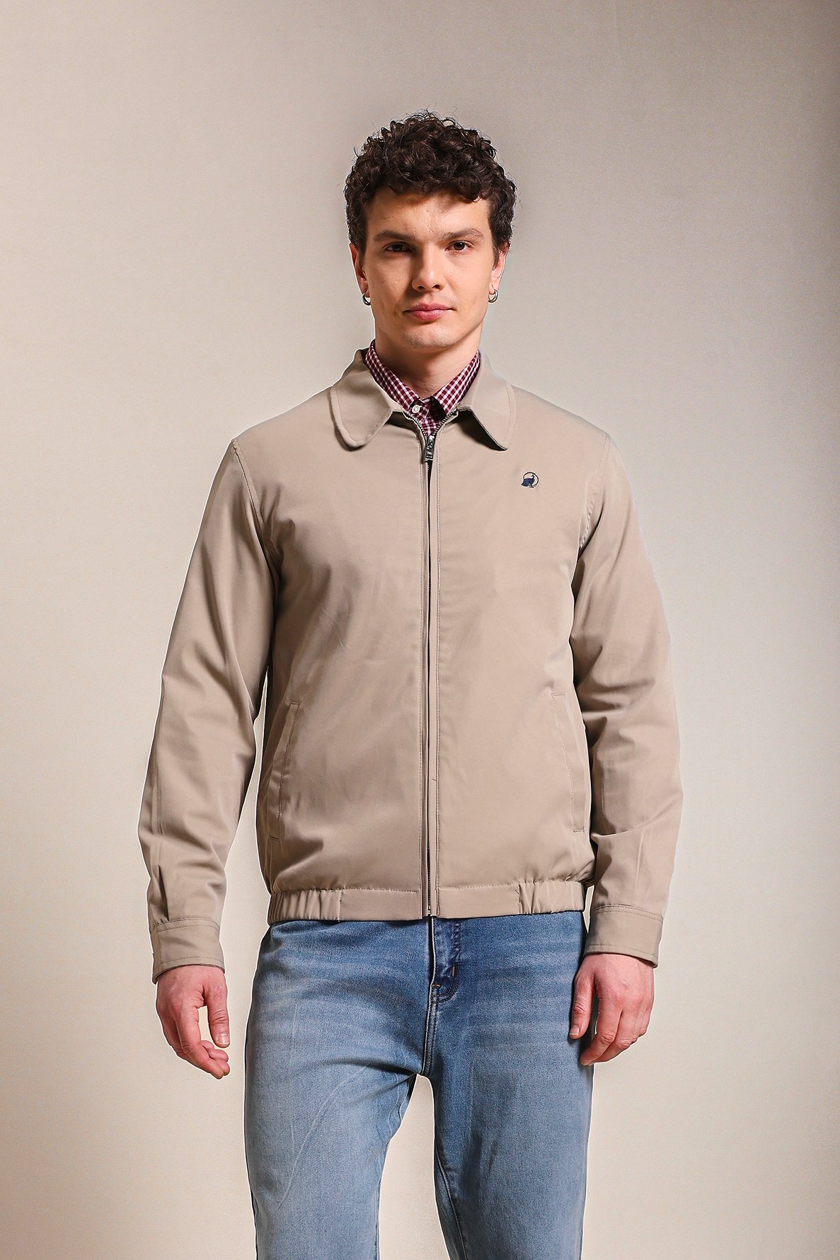 Cotton Twill Spread Collar Biege Jacket With Embroidery