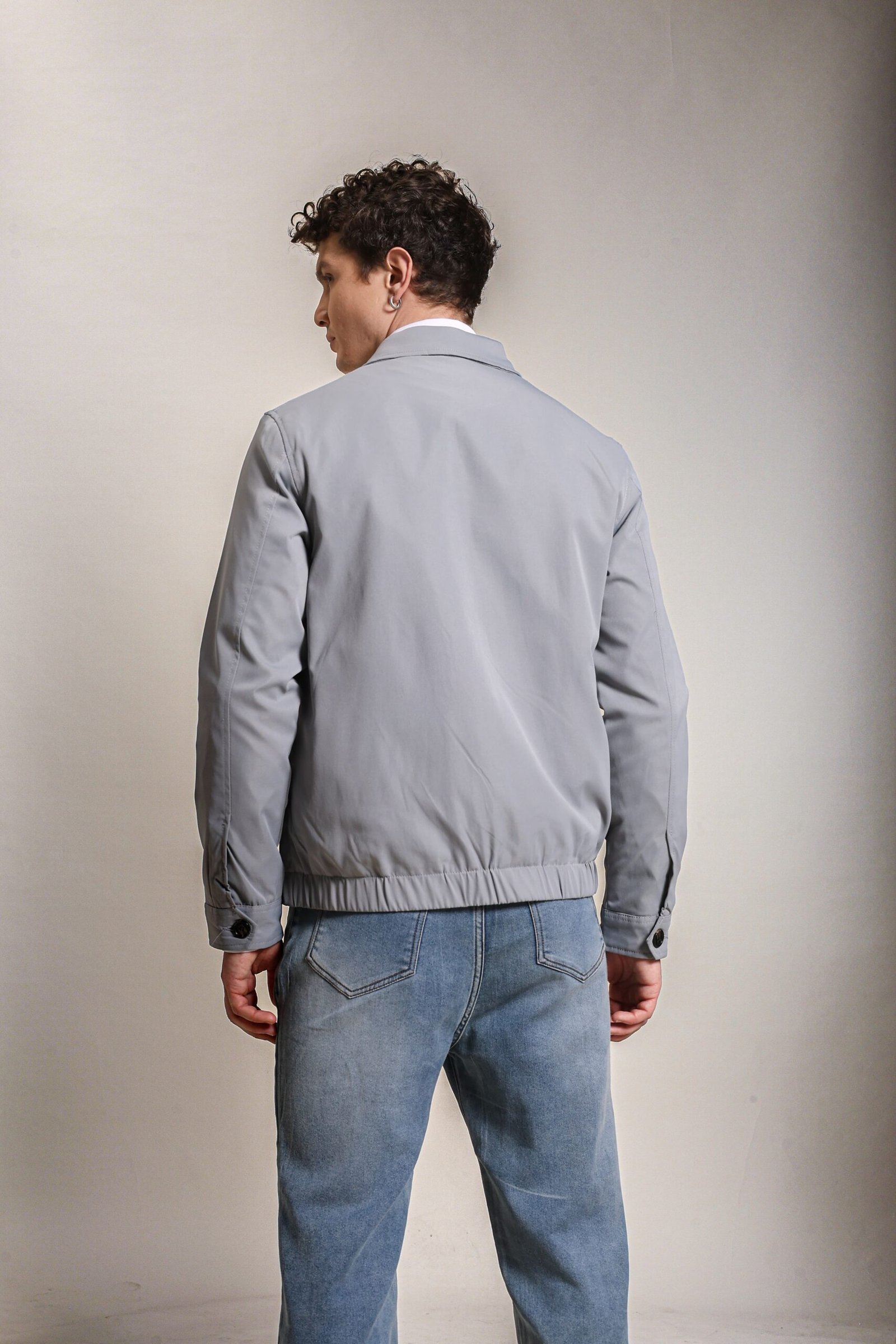 Cotton Twill Spread Collar Silver Jacket With Embroidery