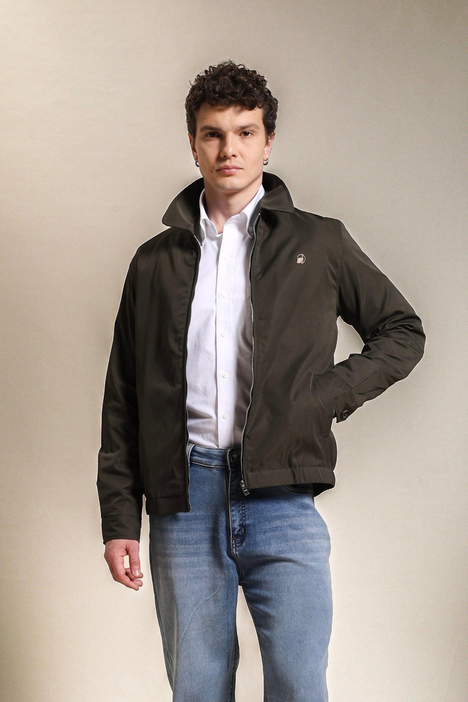 Cotton Twill Spread Collar Foreat Green Jacket With Embroidery