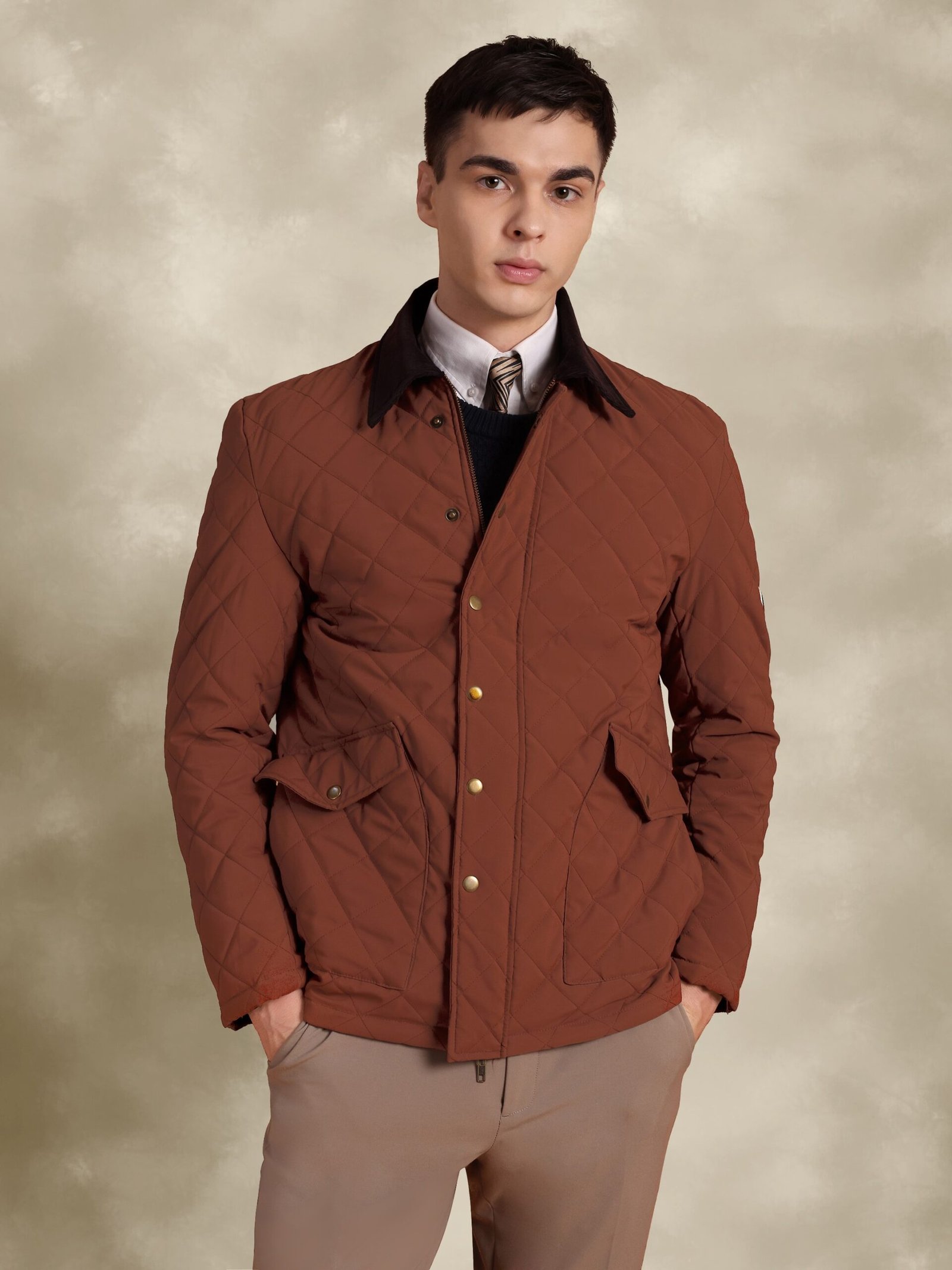 Tagore Jacket- Safari Rust Slim Fit Quilted Jacket With Couduroy Collars