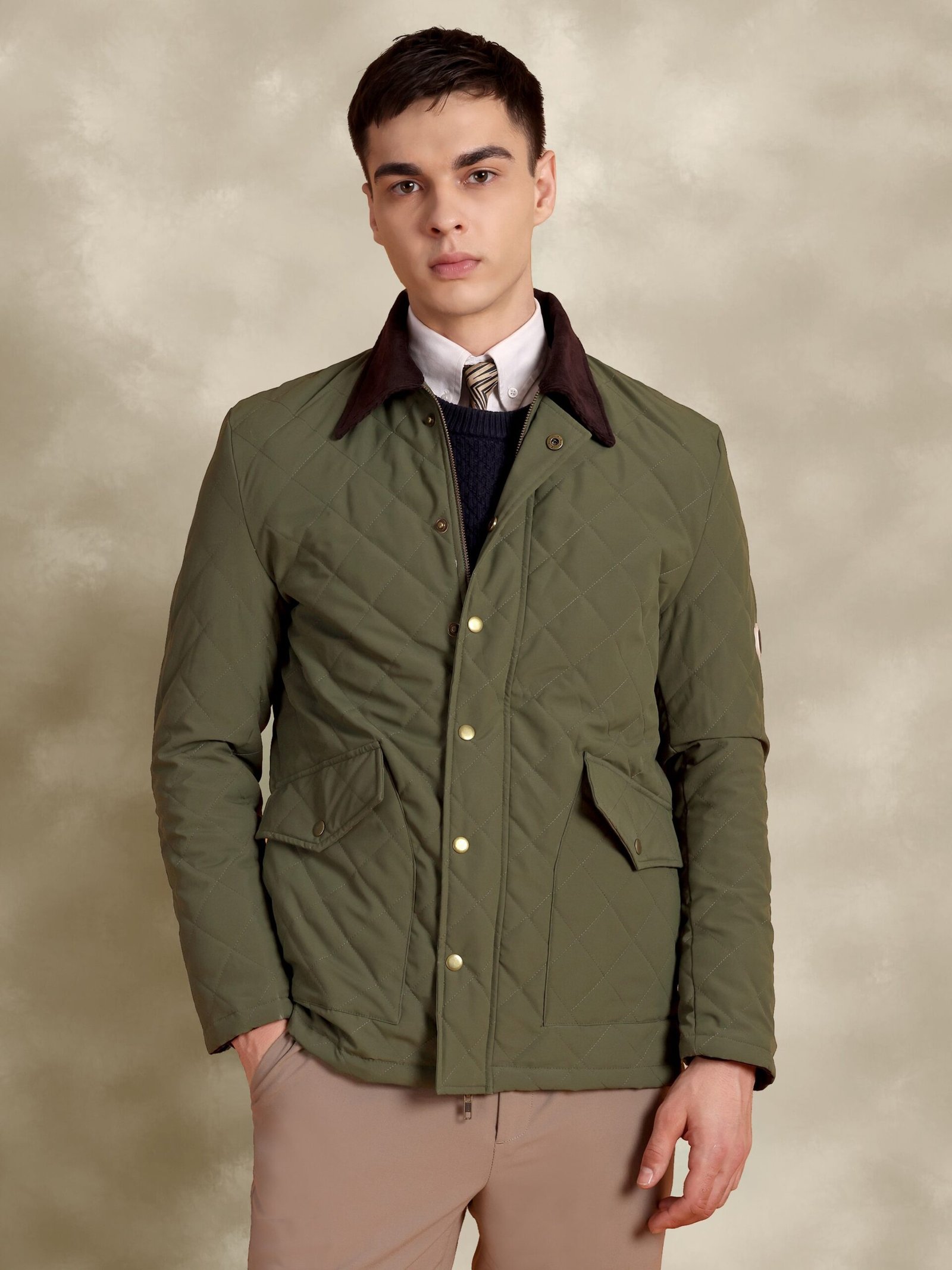 Tagore Jacket- Olive Green Slim Fit Quilted Jacket With Orduroy Collars