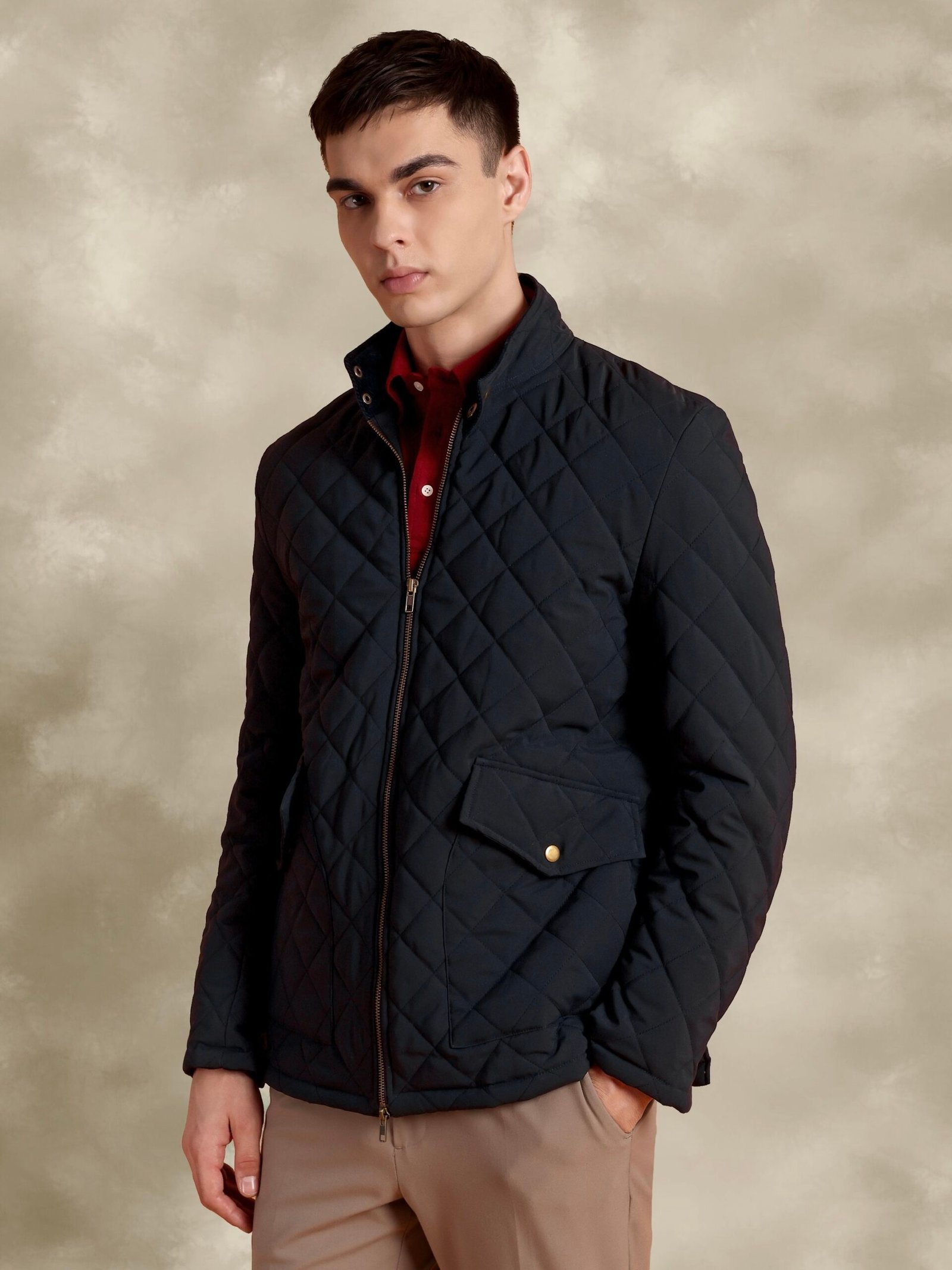 Tagore Jacket- Blue Slim Fit Quilted Jacket With Couduroy Collars