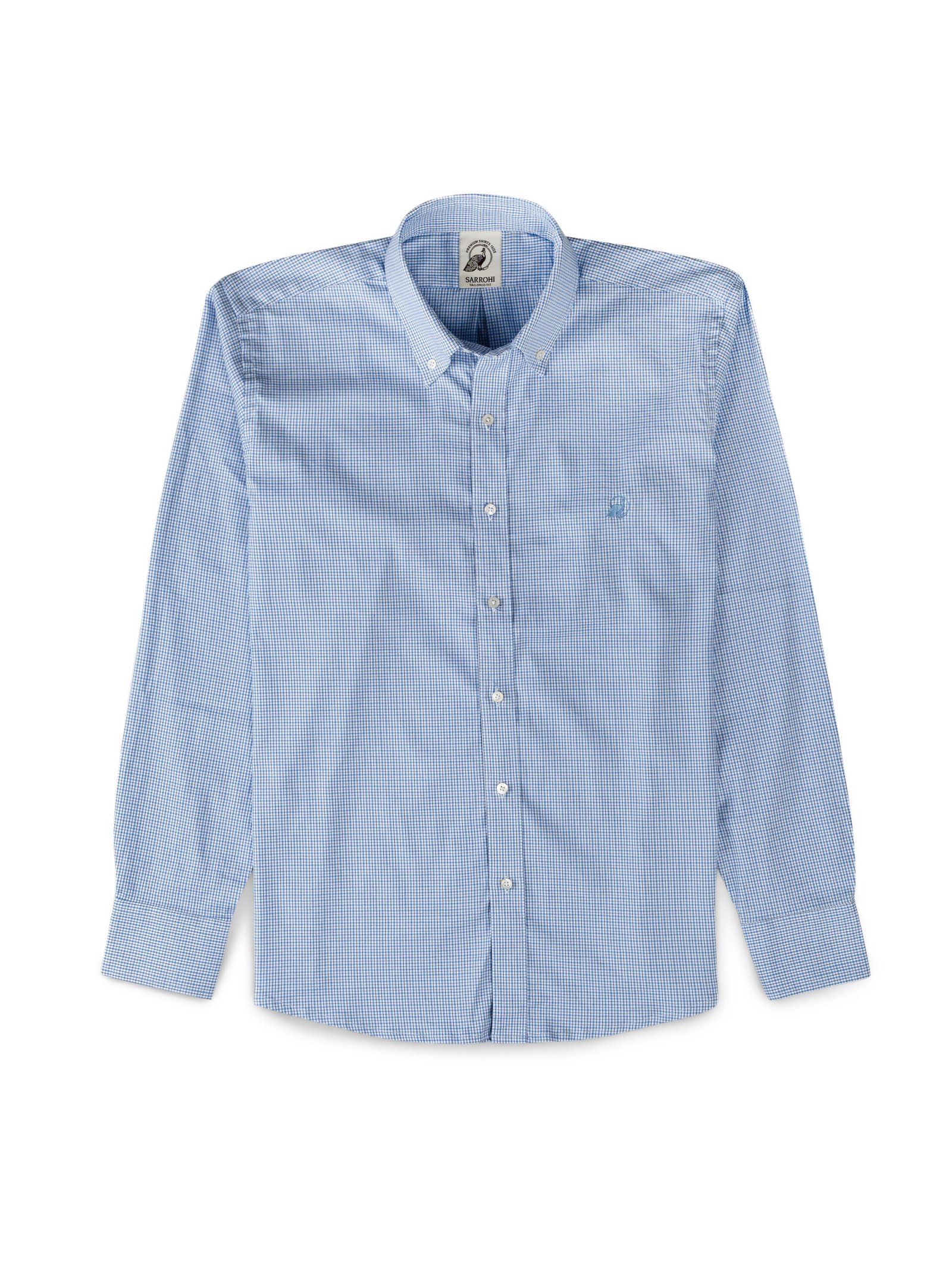 Regular Fitted Blue Check Shirt With Embroidery
