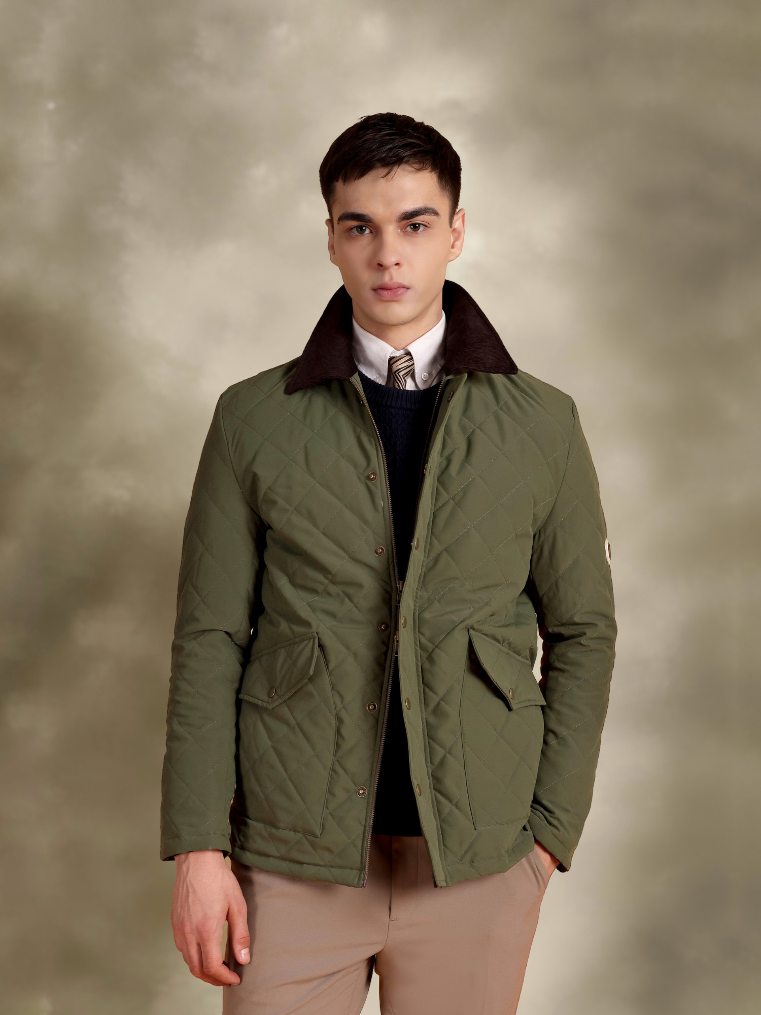 Tagore Jacket- Olive Green Slim Fit Quilted Jacket With Orduroy Collars